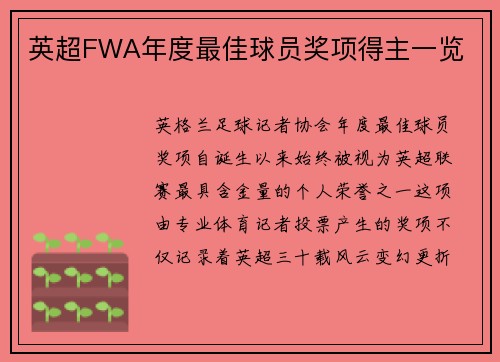 英超FWA年度最佳球员奖项得主一览