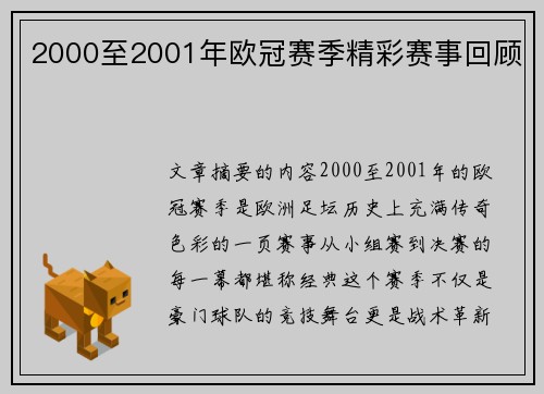 2000至2001年欧冠赛季精彩赛事回顾