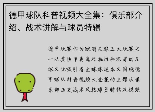 德甲球队科普视频大全集：俱乐部介绍、战术讲解与球员特辑