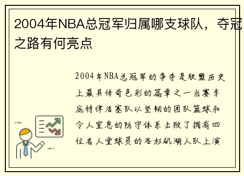 2004年NBA总冠军归属哪支球队，夺冠之路有何亮点