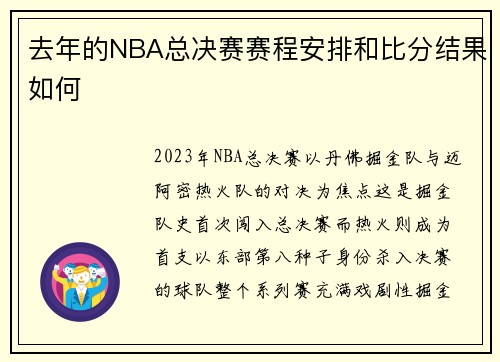 去年的NBA总决赛赛程安排和比分结果如何