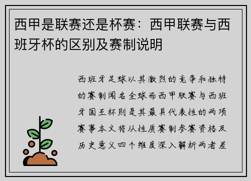 西甲是联赛还是杯赛：西甲联赛与西班牙杯的区别及赛制说明